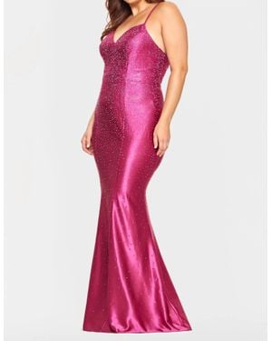Faviana Satin V-Neck Rhinestone Gown - Pink