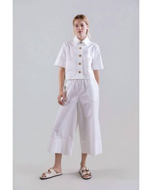 Psophia Bouton & Brume Elastic Waist Cotton Palazzo Pants - White