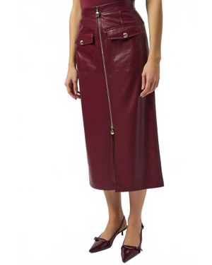 Joseph Ribkoff Faux Leather Zip Front High Waist Midi Skirt - Red