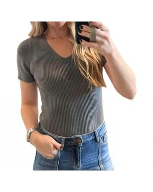 Wishlist Ribbed Knit Short Sleeve Thong Bodysuit - Gray