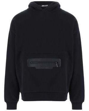 Just Cavalli Hooded Cotton Sweatshirt With Zippered Kangaroo Pocket - Blue