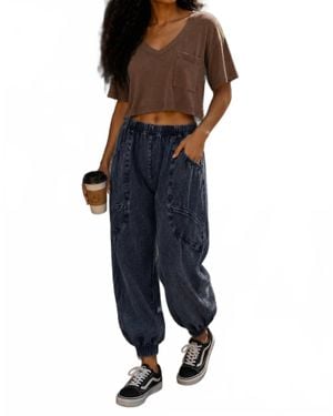SurelyMine Harper Waffle Knit V-Neck Pocket Top - Blue