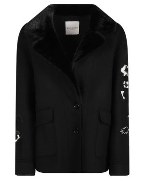 ERMANNO FIRENZE Boxy Jacket With Plush Fur Collar And Embroidered Sleeves - Black