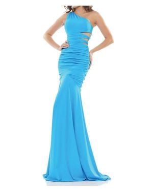 Colors Dress Matte Lycra Cut-Out One Shoulder Prom Gown - Blue
