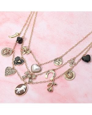 Fashnzfab Pearl Heart Western Horse Cameo Horseshoe Flower Bow Charm Embellished Triple Layered Necklace - Pink