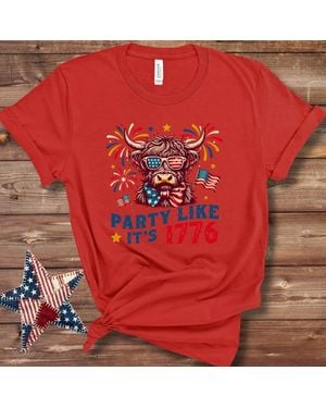 TRUEDAMES Party Like It's 1776 Highland Cow Patriotic Tshirt - Red