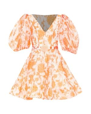 Zimmermann Postcard Silk Floral Puff Sleeve Dress - Orange