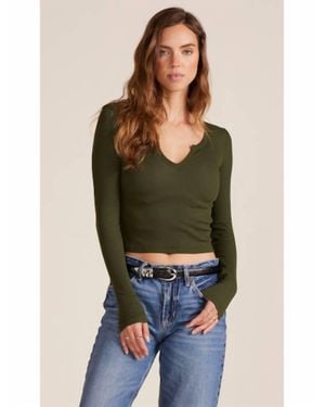 Bobi Split V-Neck Long Sleeve Crop Tee - Green