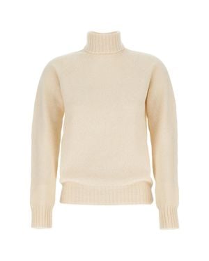 Drumohr Flat-Knit Wool Turtleneck Sweater With Wide Ribbed Finishes - White