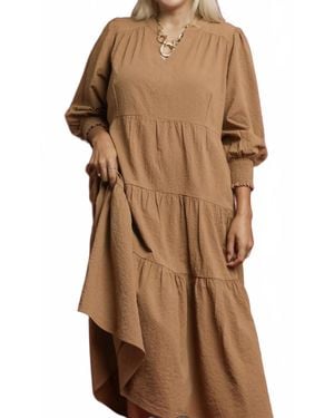 Umgee Split Neck Tiered Midi Dress - Brown