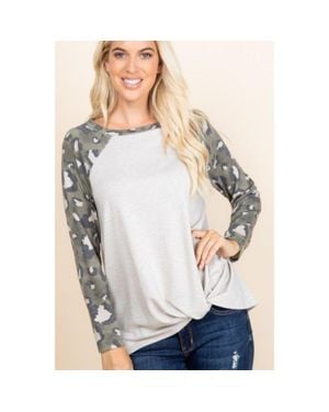 TRUEDAMES Casual French Terry Side Twist Top With Animal Print Long Sleeves - White