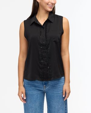 Ellen Tracy Sleeveless Shirt With Bead Detail - Black