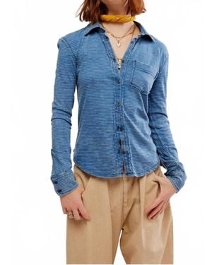 Free People Long Sleeve Fitted Button Down Shirt - Blue