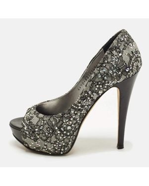 Gina Size 37/ Satin And Lace Crystal Embellished Platform Peep Toe Pumps - Gray