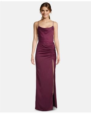 Betsy & Adam Satin Ruched Slit Gown - Purple