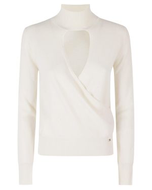 Herno High Neck Cut-Out Crossover Wool Sweater - White