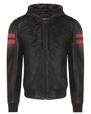 Infinity Leather Leather Hooded Retro Bomber Jacket - Black