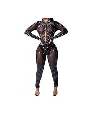 GAJE Pearl Embellished Long Sleeve Bodycon Evening Jumpsuit - Black