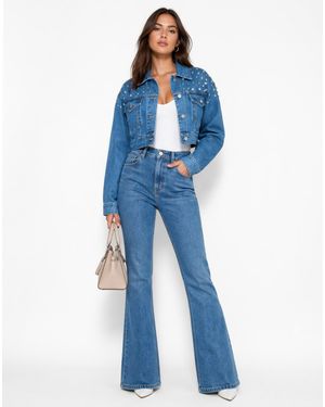 Forever 21 Cropped Rhinestone Denim Jacket - Blue