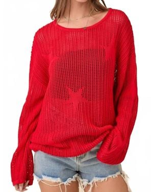 Main Strip Crochet Knitted Sweater Top With Star - Red