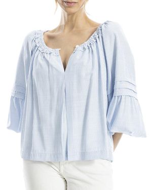 Max Studio Ballon Sleeve Notch Neck Blouse - Blue