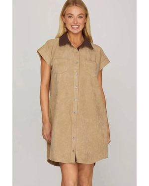 She + Sky Saddleback Mini Shirt Dress With Contrast Collar - Natural