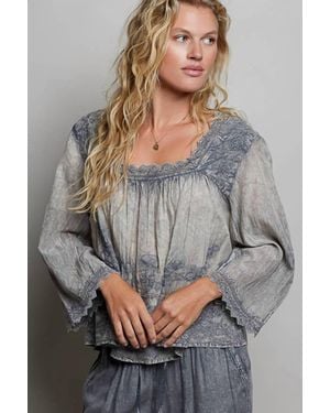 Pol Vintage Washed Floral Lace Trim Top - Gray