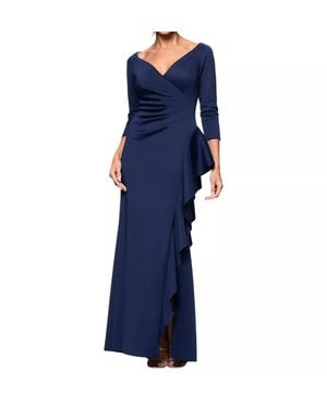 Xscape V-Neck Ruffled Side-Slit Scuba Gown - Blue