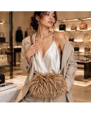 Fashnzfab Fluffy Faux Feather Fur Chain Strap Shoulder Handbag - Natural