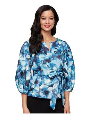 Alex Evenings Top Multi Floral Tie Waist 3/4 Sleeve Blouse Pal73 - Blue
