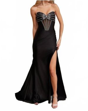 Nox Anabel Satin Strapless Bow Slit Gown - Black