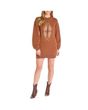 Rock & Roll Denim Aztec Sweater Dress - Brown