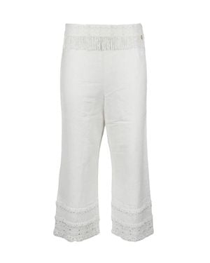 Twinset Cropped Pants With Fringe And Lace Detailing - White