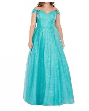Rachel Allan Sequin Tulle Off-The-Shoulder Prom Gown - Blue