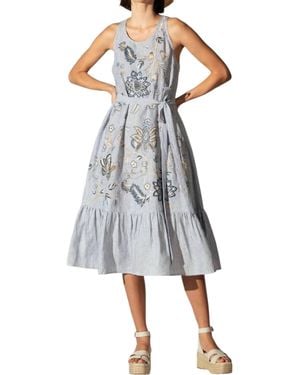 Ranna Gill Grace Round Neck Tier Midi Dress - Gray