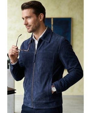 Infinity Leather Goat Suede Leather Harrington Biker Jacket - Blue