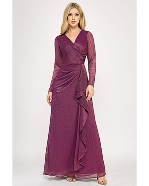 TRUEDAMES Metallic Crinkle Mesh A-Line Gown With Draped Waist And Sheer Long Sleeves - Purple