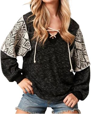Sugarfox Lace Up Hoodie With Aztec Sleeves - Black