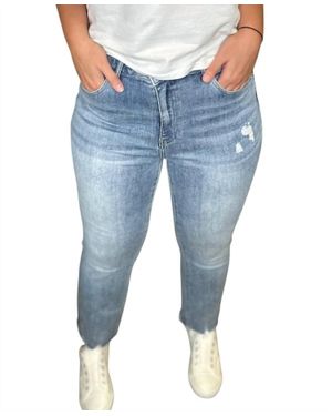 Risen High Rise Raw Hem Straight Leg Jeans - Blue