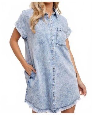 Bluivy Frayed Hem Denim Shirt Dress - Blue