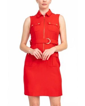 Sharagano Belted Zip Front Dress With Pockets - Red