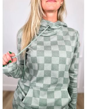 Michelle Mae Checkered Cotton Blend Long Sleeve Hoodie Top - Blue