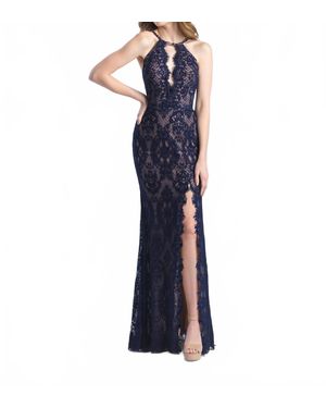 Madison James Lace Allover Slit Halter Prom Dress - Blue