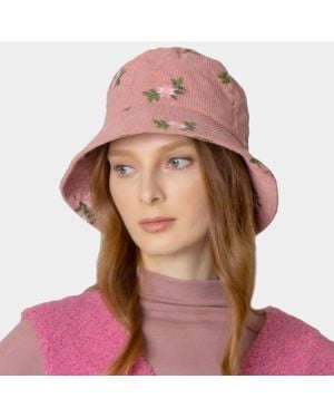 Fashnzfab Embroidered Floral Corduroy Bucket Hat - Brown