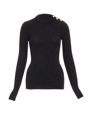 Balmain Mohair Blend Lion Button Crew Neck Sweater - Black