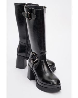 Prologue Shoes Rock Buckle Zip Block Heel Boot - Black
