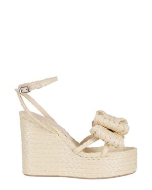 Mach & Mach Nude Le Cadeau Bow Raffia-Upper Leather Sandals - Natural