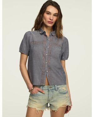 Lucky Brand Short Sleeve Embroidered Peter Pan Peasant Top - Gray