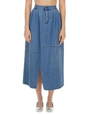 Alysi High-Waisted Midi Skirt With Front Slit - Blue