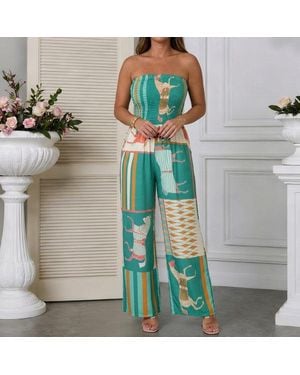 TRUEDAMES Summer-Color Floral Print Strapless Jumpsuit - Green